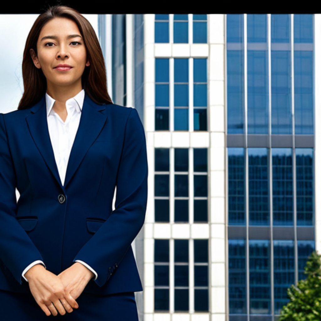 **

A professional businesswoman in a modest, dark blue business suit, standing confidently in front of a modern skyscraper in a bustling city center, fully clothed, appropriate attire, safe for work, perfect anatomy, natural proportions, corporate photography, high quality, professional demeanor.

**