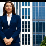 **

A professional businesswoman in a modest, dark blue business suit, standing confidently in front of a modern skyscraper in a bustling city center, fully clothed, appropriate attire, safe for work, perfect anatomy, natural proportions, corporate photography, high quality, professional demeanor.

**