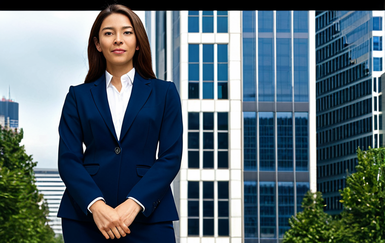 **

A professional businesswoman in a modest, dark blue business suit, standing confidently in front of a modern skyscraper in a bustling city center, fully clothed, appropriate attire, safe for work, perfect anatomy, natural proportions, corporate photography, high quality, professional demeanor.

**