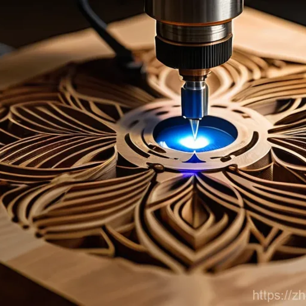 목공예 레이저 컷팅 기술 - **Prompt 1: The Magic of Precision Laser Cutting**
A captivating close-up shot of a vibrant, foc...