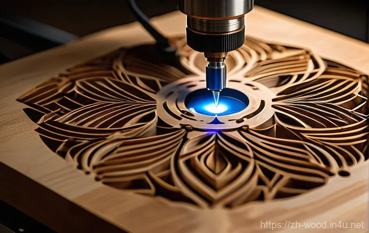 목공예 레이저 컷팅 기술 - **Prompt 1: The Magic of Precision Laser Cutting**
    A captivating close-up shot of a vibrant, foc...