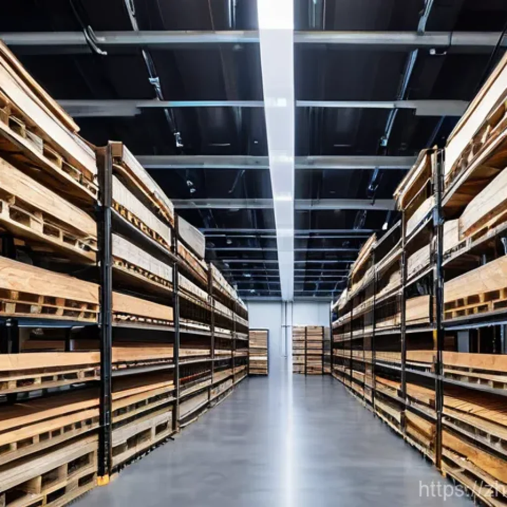 목재 보관법 및 창고 관리 - **A highly organized, futuristic wood storage facility.** The scene showcases meticulously stacked t...
