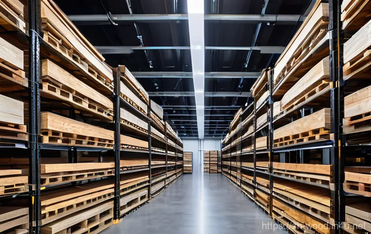 목재 보관법 및 창고 관리 - **A highly organized, futuristic wood storage facility.** The scene showcases meticulously stacked t...