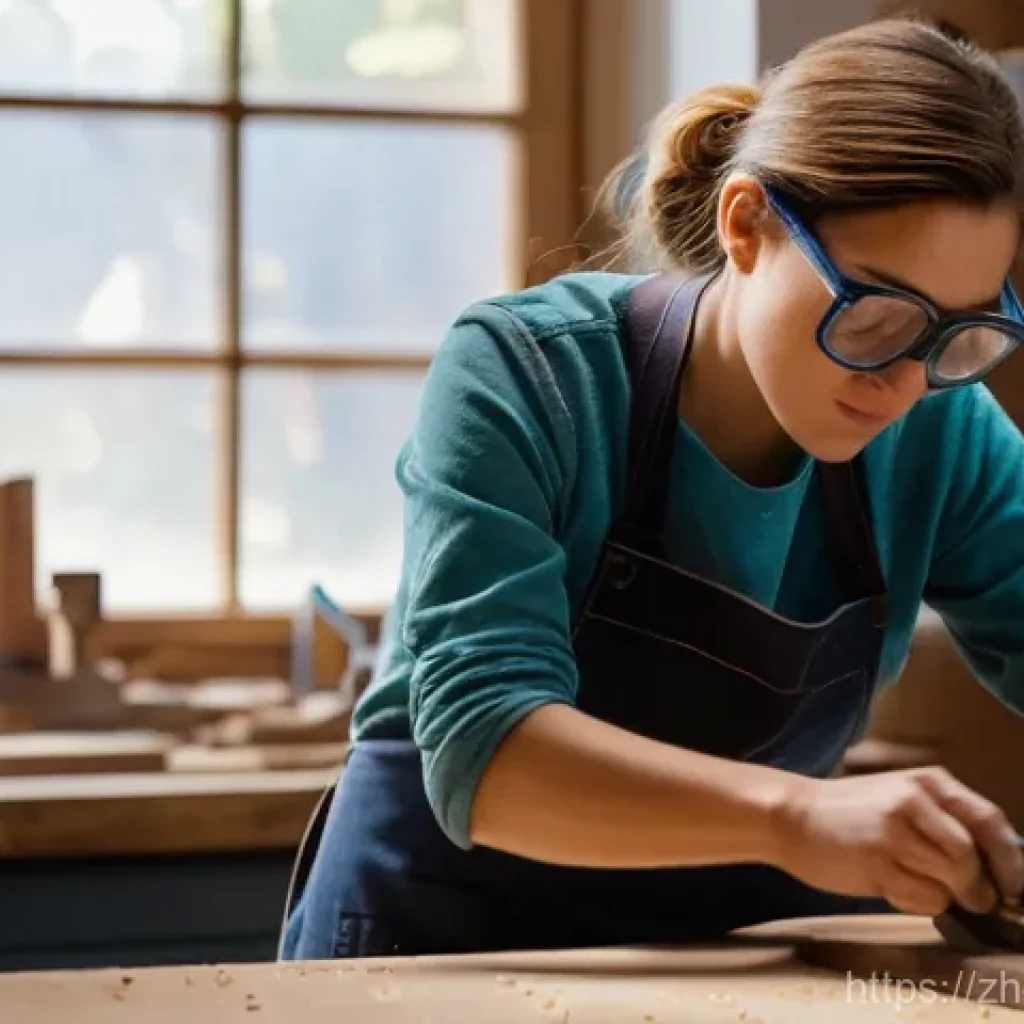 가구 제작 전문가 과정 - **Prompt:** A new student, a woman in her late 20s, with focused determination on her face, is caref...