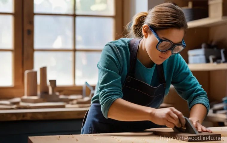 가구 제작 전문가 과정 - **Prompt:** A new student, a woman in her late 20s, with focused determination on her face, is caref...