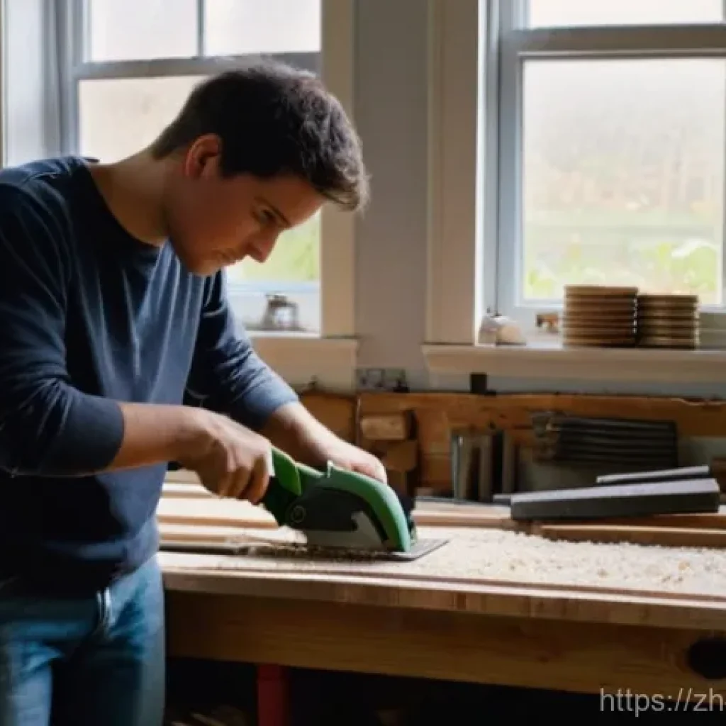 목재 재단 서비스 이용 팁 - **Prompt:** A young adult, wearing casual, fully-clothed workshop attire (e.g., a t-shirt and jeans)...