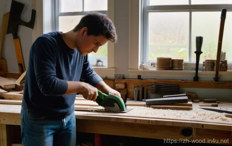 목재 재단 서비스 이용 팁 - **Prompt:** A young adult, wearing casual, fully-clothed workshop attire (e.g., a t-shirt and jeans)...