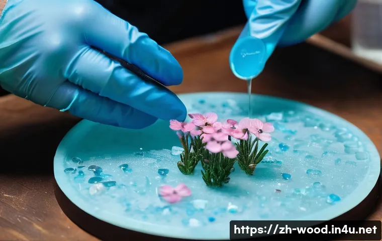 에폭시 레진 활용법 - **Prompt:** A close-up shot of a person's hands, wearing light blue disposable gloves, carefully pou...