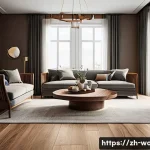 가성비 좋은 목재 추천 - A high-end interior scene showcasing a sophisticated living room with elegant hardwood furniture mad...