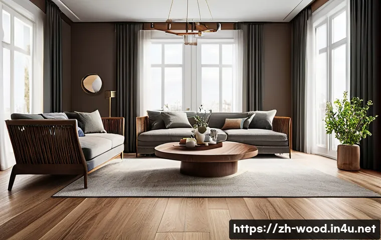 가성비 좋은 목재 추천 - A high-end interior scene showcasing a sophisticated living room with elegant hardwood furniture mad...