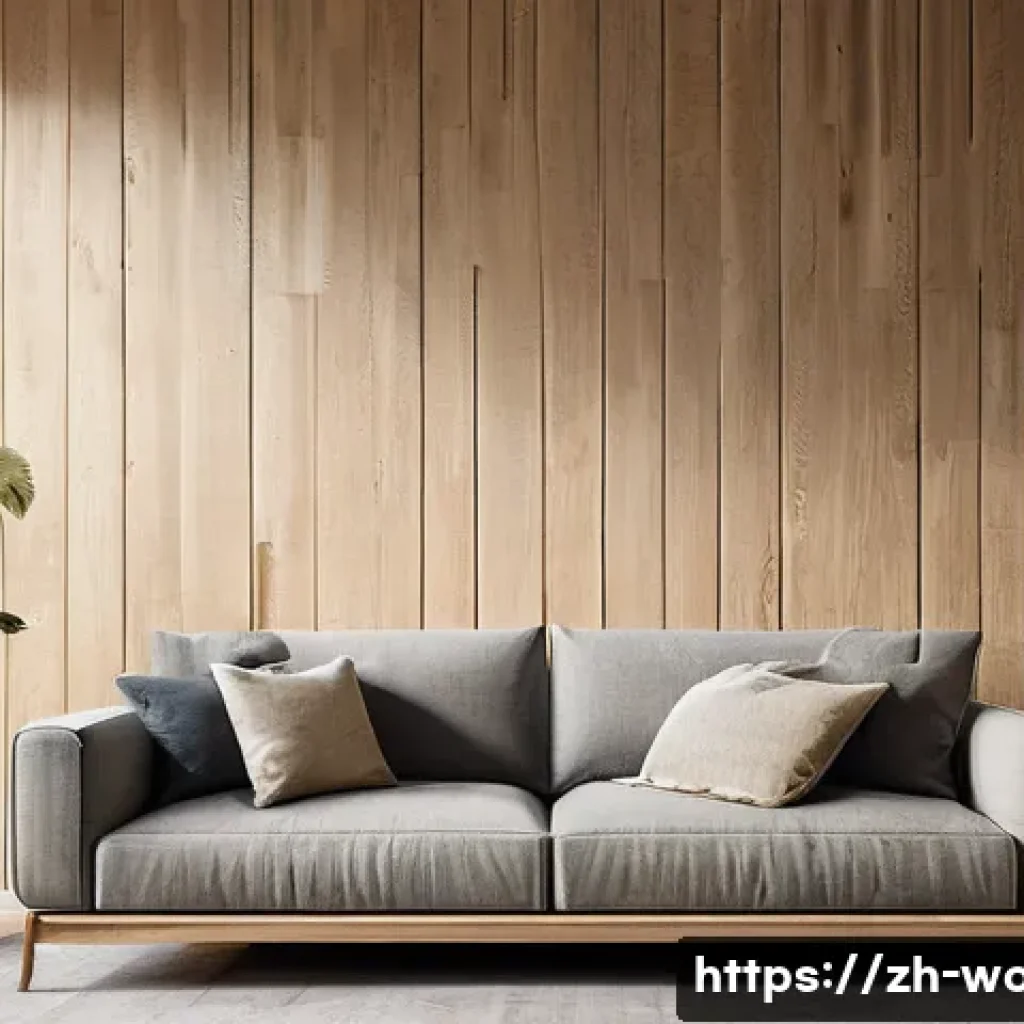 목재 인테리어 아이디어 - A modern living room interior featuring a large accent wall clad with light oak wood panels exhibiti...