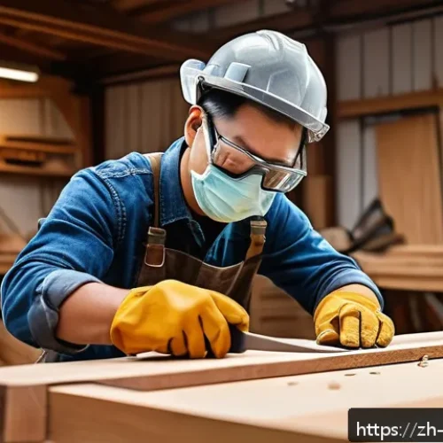 목공예 필수 도구 사용법 - A detailed woodworking workshop scene showing a craftsman wearing safety goggles and gloves, using a...