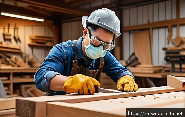 목공예 필수 도구 사용법 - A detailed woodworking workshop scene showing a craftsman wearing safety goggles and gloves, using a...