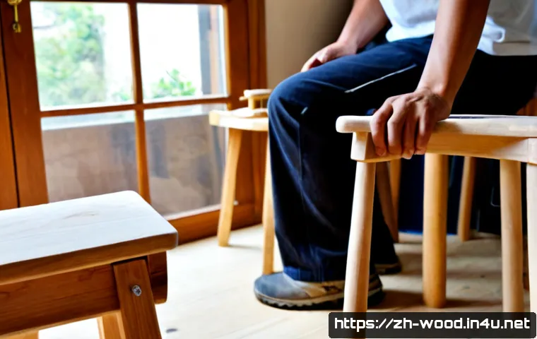 스툴 만들기 프로젝트 - Photorealistic DIY wooden stool making project in a bright home workshop, adult hands carefully sand...