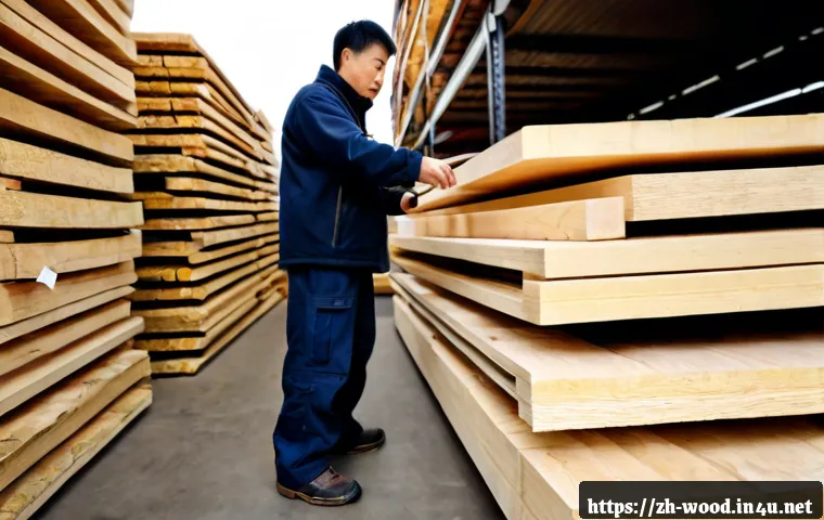 목재 가격 및 구매처 정보 - Photorealistic wide-angle scene of a well-organized lumber yard, neatly stacked timber boards in sev...